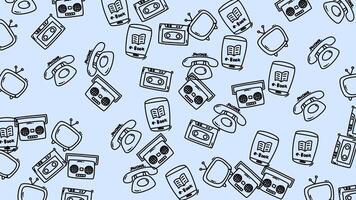 animerad hand dragen retro teknologi klotter flytande på en ljus blå bakgrund i en sömlös slinga video