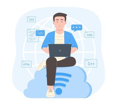 Programmer Man Sitting on Cloud Computing Symbol and Process Coding on Laptop Computer for Software Development Concept Illustration vector