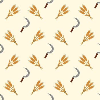 Seamless harvest pattern with wheat bundles and sickles in rustic autumn style vector