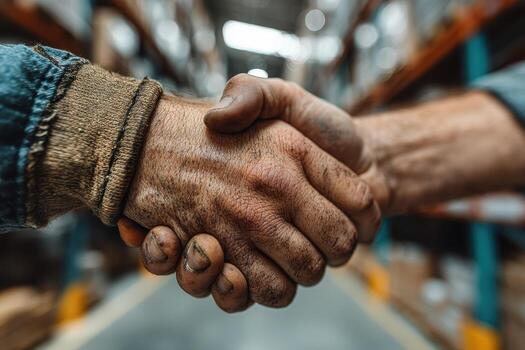 Close-up of Two Hands Shaking in a Warehouse Context with Dusty Gloves photo