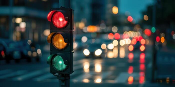 Traffic Light Showing Red, Yellow, and Green at Dusk photo