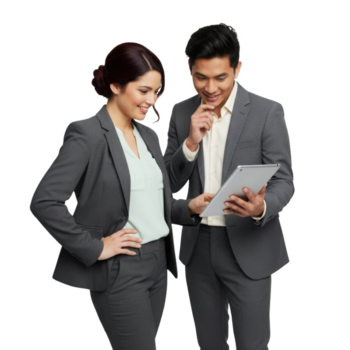 Confident business team reviewing data on tablet device, strategizing for success, on transparent background png