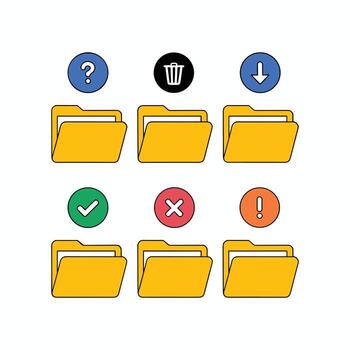 Collection of nine graphic icons featuring yellow folders and circular symbols question mark trash can download check mark cross and exclamation point vector