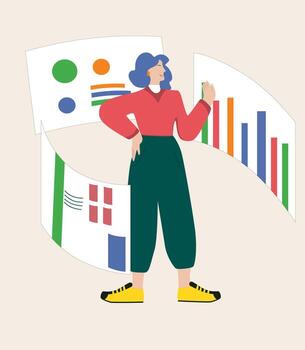 un dibujado a mano ilustración de un niña trabajando con analítico mesas. ilustración para analítico datos, iconos, pegatinas, y antecedentes imagen. vector