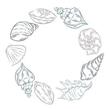 Outline illustration of various seashells arranged in a wreath on a white background. Line art style design for seasonal card and delicate marine design element. vector