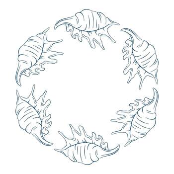 Seashell border frame with murex shell arranged in circle in line art style. Ocean or marine life illustration for greeting card, banner, poster design. vector
