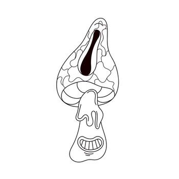 Psychedelic mushroom in groovy line art style. Character with one eye and a smile isolated on a white background. vector