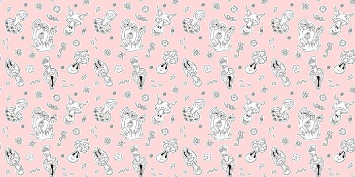 Psychedelic groovy mushroom seamless character pattern in groovy line art style. Funny character and abstract element wallpaper print, 90s graphic art background. vector