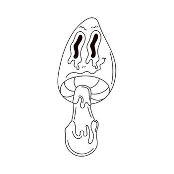 Psychedelic mushroom in groovy line art style. Character with wide eyes and a crooked smile isolated on a white background. vector