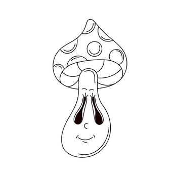 Psychedelic mushroom character in groovy line art style. Fly agaric with eyes and smile isolated on a white background. vector