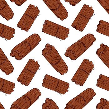 Seamless pattern of cinnamon stick tied in bundle on a white background in flat style. Design for food package or kitchen decor. vector