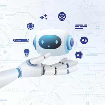 Next-Gen AI Chatbot with Robotic Hand and Futuristic Interface vector