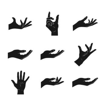 Hand gesture collection set, each offering a unique form of expression, ranging from lifting upward to holding something in the air. vector