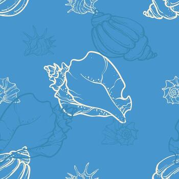 Seamless marine pattern with seashells and starfish on a bright blue background. Elegant hand-drawn line design in nautical style vector