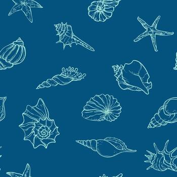 Seamless pattern with seashells and starfish on a bright blue background. Elegant hand-drawn line art design in nautical style vector