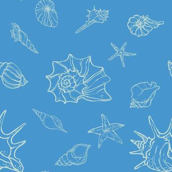 Seamless marine pattern with seashells and starfish on a bright blue background. Elegant hand-drawn line art design in nautical style vector