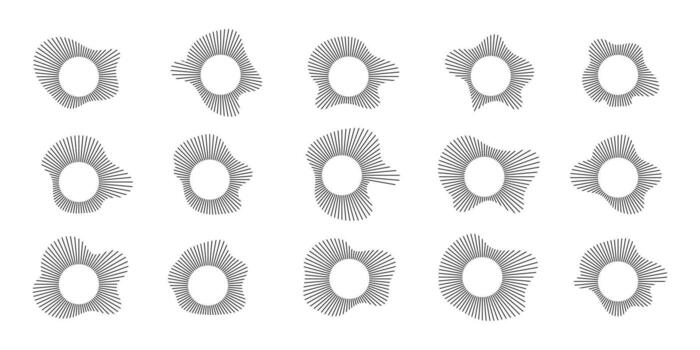 Round sound wave frames, circular lines pattern, radial curvy shapes, geometric concentric design. vector