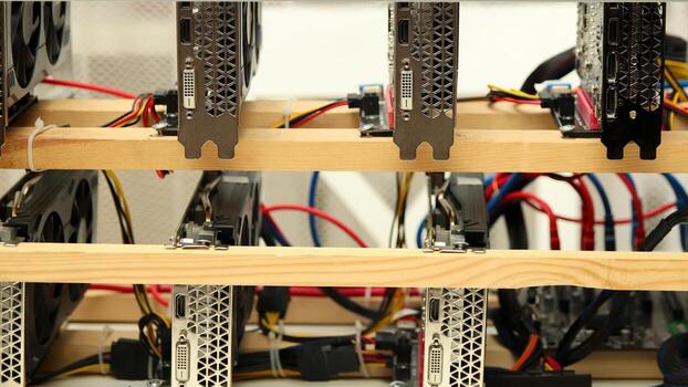 a professional card and a Bitcoin mining. a professional Bitcoin mining farm. Bitcoin mining rig technology. cryptocurrency card farm. GPU mining crypto business. blockchain technology photo