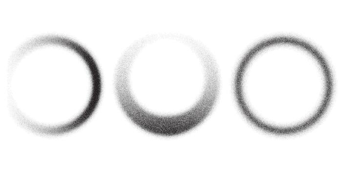 Dotted grainy circles. Stipple gradient texture Dusty grunge rounds with fade effect. Circular sandy eclipse on white background. Radial blurred abstract frames vector