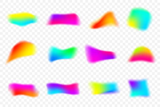 Abstract blurry gradient shapes isolated on white background. Colored mesh fluid liquid elements. Soft lightor blob with aura gradation. Blended vibrant multicolor waves vector