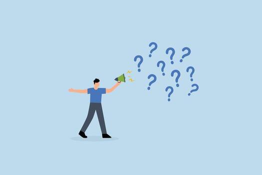Ask questions to get answer for solving problem, businessman poses inquiries on megaphone filled with numerous question marks vector