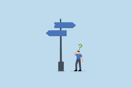 Choosing between 2 choices, businessman contemplating with question mark selecting between two paths with blank area vector
