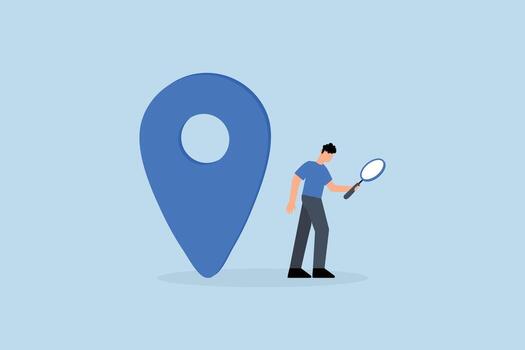 Location search for business address, curious businessman search with magnifying glass with map location pin vector