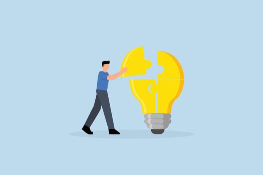 Problem solver, clever entrepreneur completing lightbulb concept puzzle by placing final jigsaw piece, vector