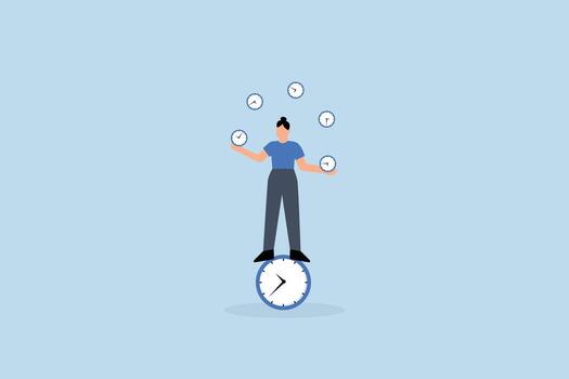 Time management for best efficiency and productivity, businesswoman balancing clocks while maintaining her own equilibrium on clock vector