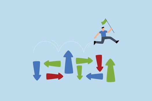 Overcome uncertainty, entrepreneur leaping towards unpredictability with arrows pointing in various directions vector