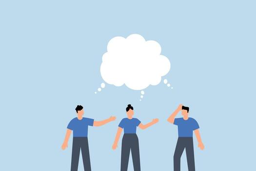 Thinking the same idea, thoughtful business people brainstorm with same thinking bubble. vector