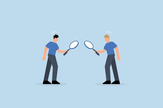 Suspicious, distrustful entrepreneurs scrutinize one another with magnifying lens vector