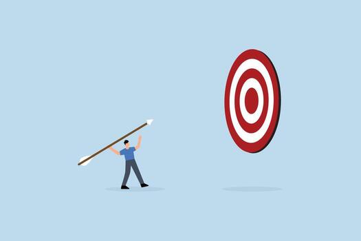 Aiming for big goal, entrepreneur launching large dart, targeting bullseye of dartboard vector