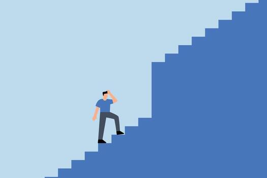 Challenge to overcome difficulty, businessman walk up stair to find huge difficult step vector