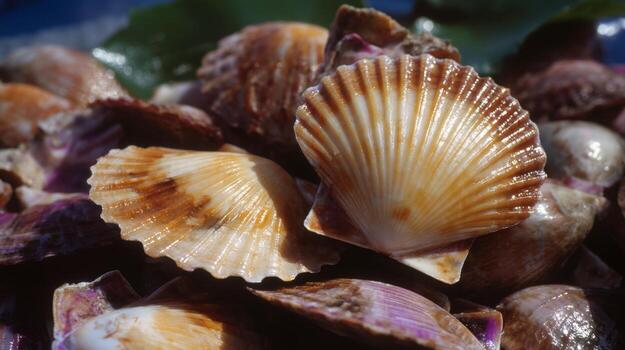 Close-up of live scallops in natural shells photo