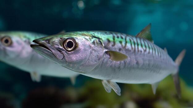 Close-up of shiny whole live mackerel fish in water underwater scene photo