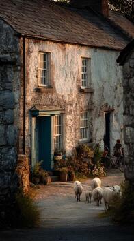 Rustic stone cottage with sheep in quaint village setting at sunset photo