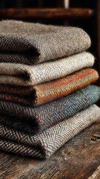 Stack of textured wool fabrics on wooden surface in natural light photo