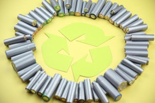 The batteries and proper disposal of environmentally and soil toxic batteries on the green background. photo