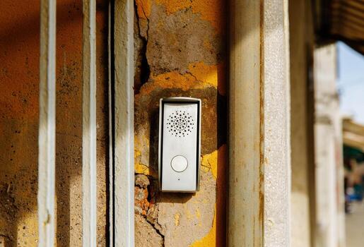 resistido pared con moderno intercomunicador dispositivo en pintado superficie foto