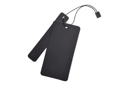 Black Rectangular Hang Tag with String and Loop on White Background. photo