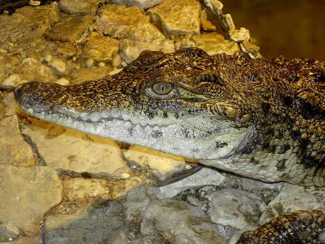 Crocodile resting on rocks in a terrarium, scaly skin and piercing yellow eye photo