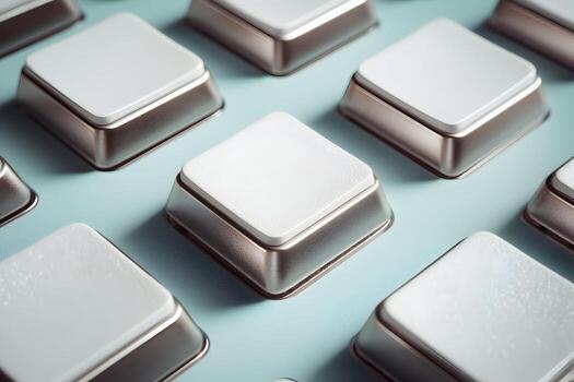 Many white square buttons are arranged in a seamless pattern on a light blue background surface photo
