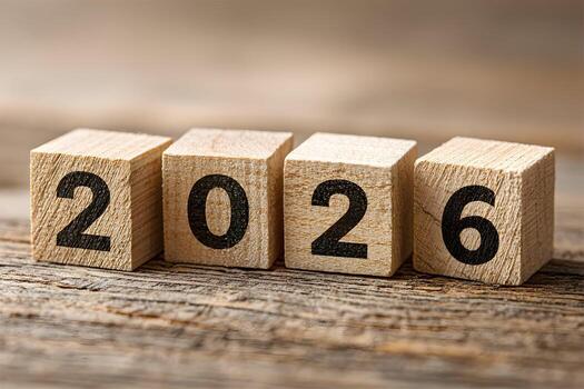 de madera bloques monitor el año veinte veinte seis en rústico de madera superficie antecedentes imagen foto