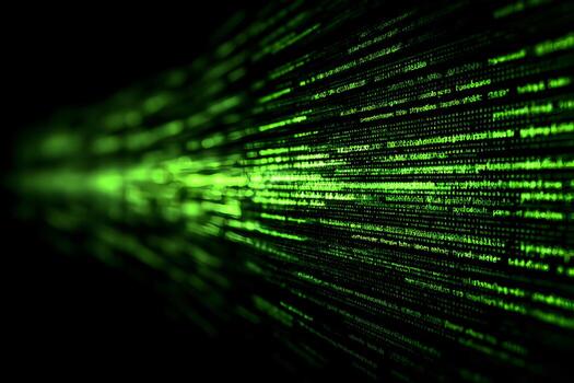Green digital code streams across a dark background creating a futuristic technology effect photo