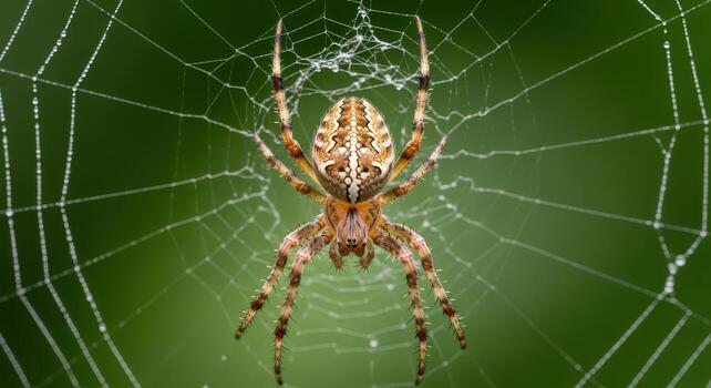 Orb weaver spider sits patiently in its dew covered web waiting for prey to be caught photo
