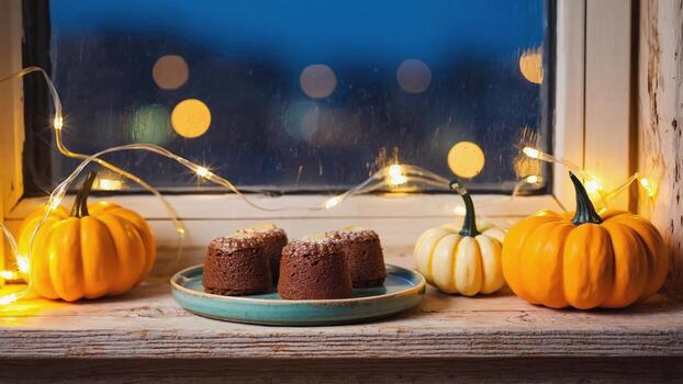 Autumnal still life featuring pumpkins, cakes, and string lights on a window sill decor photo