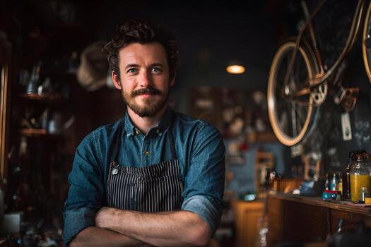 Confident man with beard and apron stands in workshop with bicycle in background photo