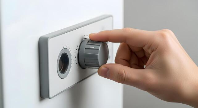Hand adjusting the timer knob on a white appliance for setting time or temperature control photo