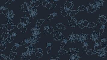 senza soluzione di continuità looping modello di astratto linea arte autunno verdure frutta e le foglie galleggiante su un' buio sfondo video